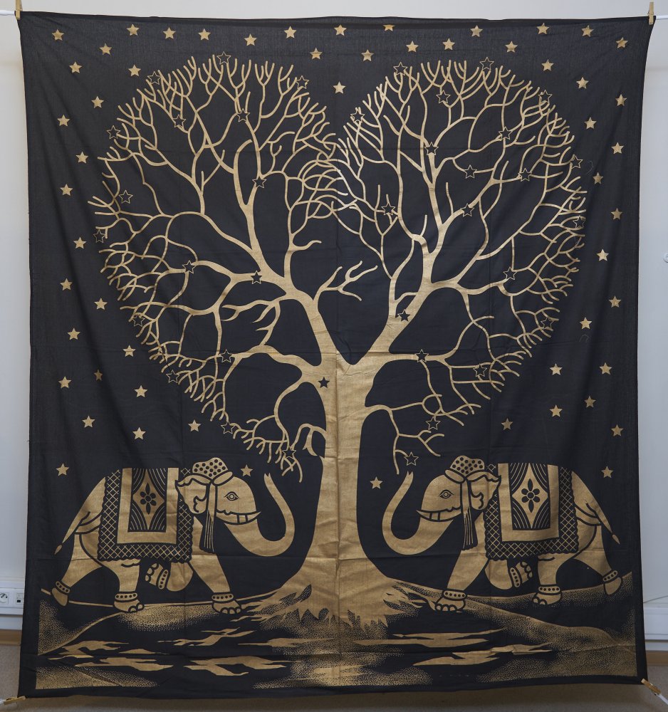 Indian bed cover/tapestry with golden print (BLACK)
