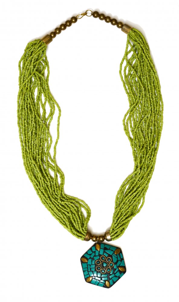 Traditional Nepali beaded necklace with brass pendant