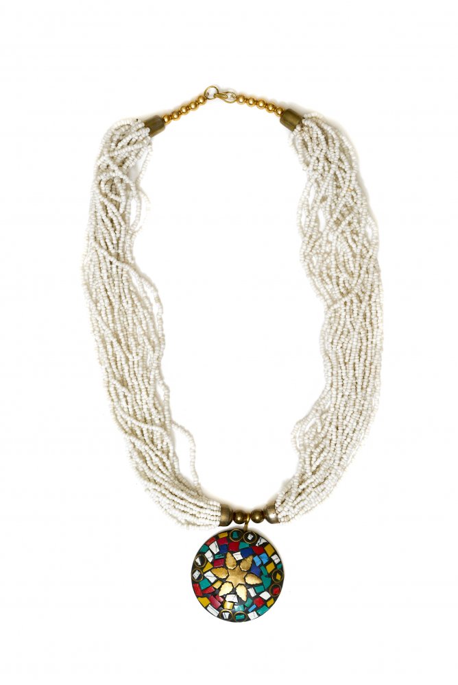 Traditional Nepali beaded necklace with brass pendant