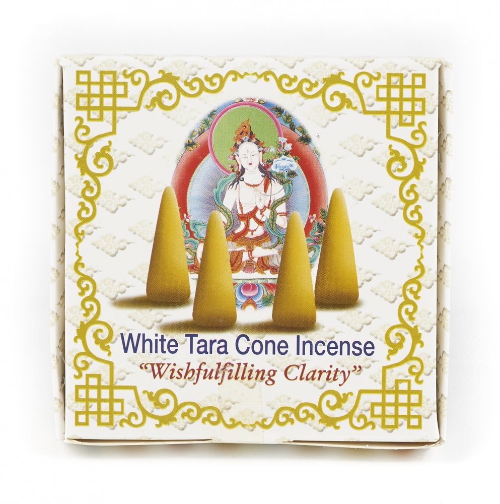Wysokiej jakości kadzidła stożkowe WHITE TARA Cone Incense, błogosławieństwo bogini BIAŁA TARA, aromat o nazwie WISHFULFILLING CLARITY, wykonane z masy roślinnej według tradycyjnej receptury w Nepalu