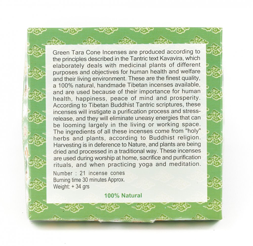Wysokiej jakości kadzidła stożkowe GREEN TARA Cone Incense, błogosławieństwo bogini ZIELONA TARA, aromat o nazwie ENLIGHTENED ACTIVITY, wykonane z masy roślinnej według tradycyjnej receptury w Nepalu