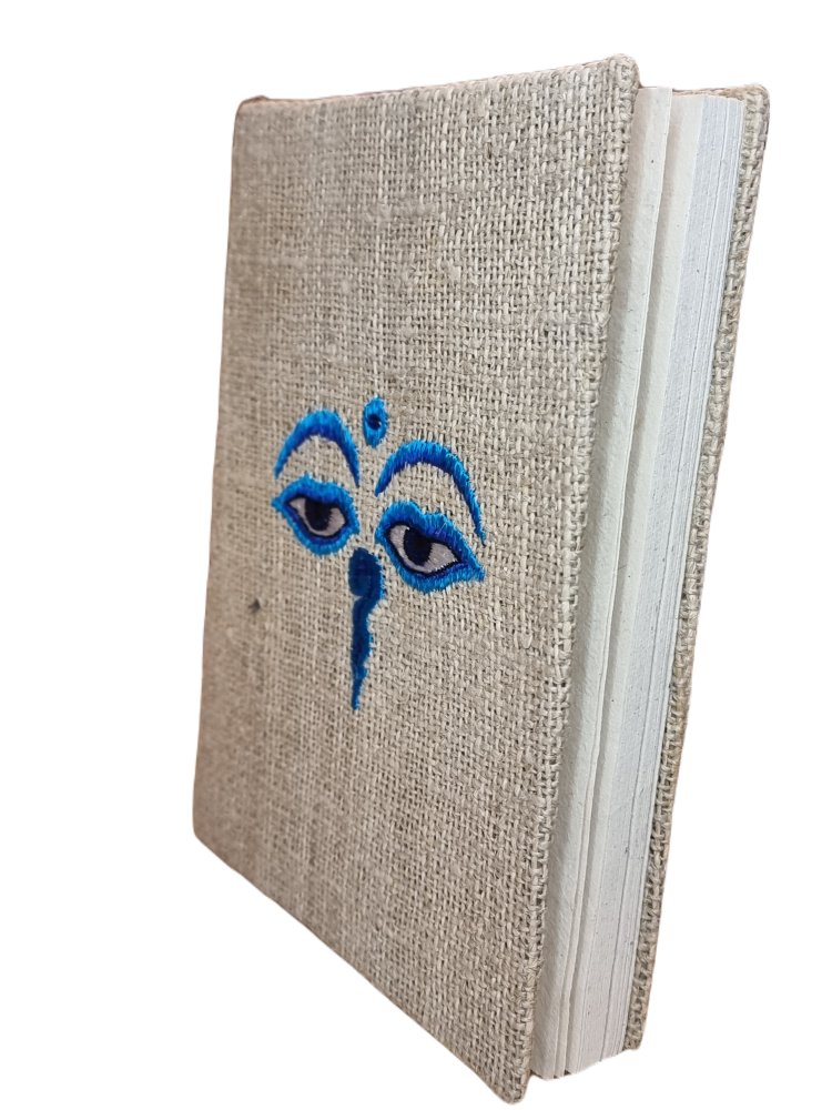  Hand-made notebook with hemp cover & embroidery Buddha eyes