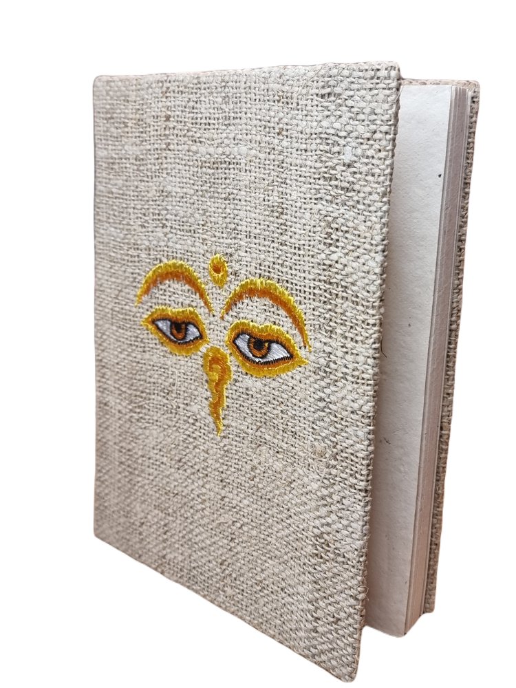 Hand-made notebook with hemp cover & embroidery Buddha eyes