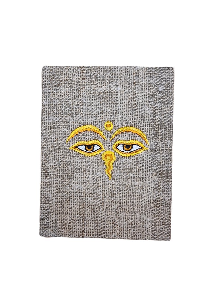 Hand-made notebook with hemp cover & embroidery Buddha eyes