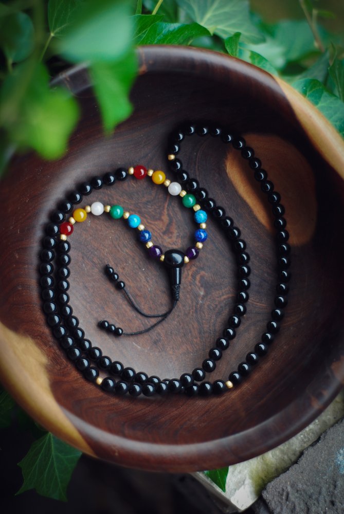  Buddhist MALA  - onyx with chakra stones
