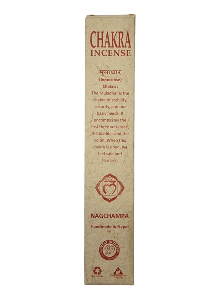 Najwyższej jakości kadzidła patyczkowe CHAKRA ROOT CZAKRA PODSTAWY o zapachu NAGCHAMPA wykonane z masy roślinnej według tradycyjnej receptury, idealne do medytacji z czakrami.