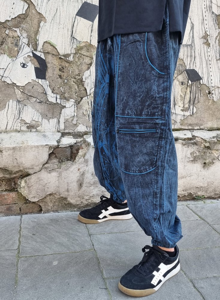 Luźne psychodeliczne spodnie stonewashed - niebieskie