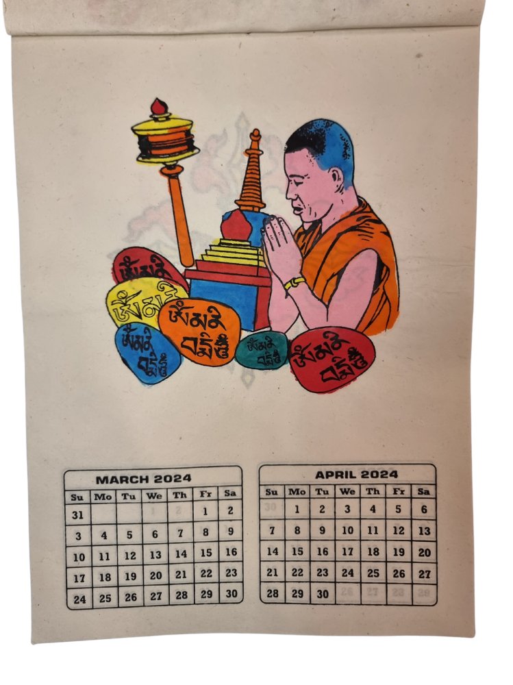 Wyjątkowy, ręcznie robiony kalendarz naścienny 2024 z papieru czerpanego. Motywem kalendarzu są Symbole Buddyzmu. Kalendarz na rok 2024. 
