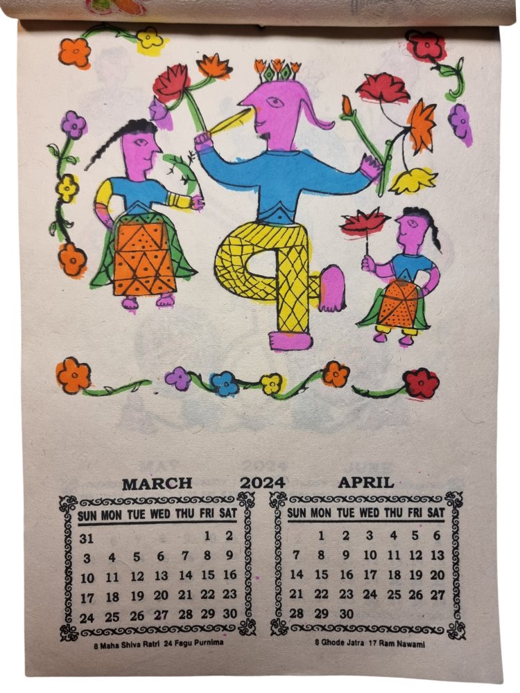 Ręcznie robiony etno kalendarz 2024. Kalendarz z motywem sztuki Mithila wykonany z papieru czerpanego.