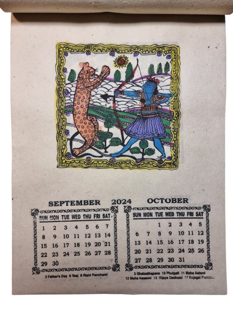 Ręcznie robiony etno kalendarz 2024. Kalendarz z motywem sztuki Mithila wykonany z papieru czerpanego lokta.