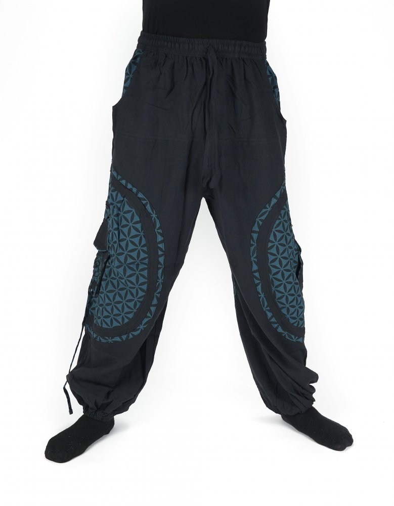 Wide straight TROUSERS - Flower of Life - BLUE