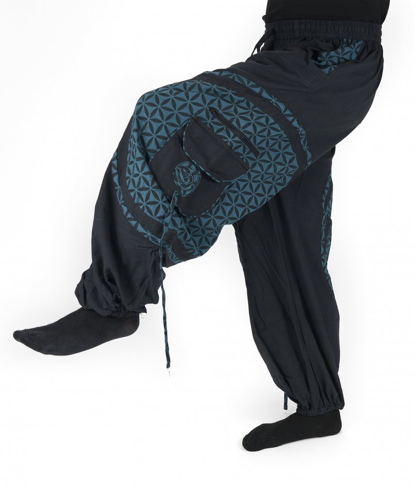 Wide straight TROUSERS - Flower of Life - BLUE