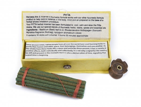 Najwyższej jakości wegańskie kadzidła tybetańskie patyczkowe od Mandala Arts, Smoke Therapy PITTA, wykonane z masy roślinnej zgodnie z tradycyjną recepturą opartą o medycynę ajurwedyjską Ajurweda