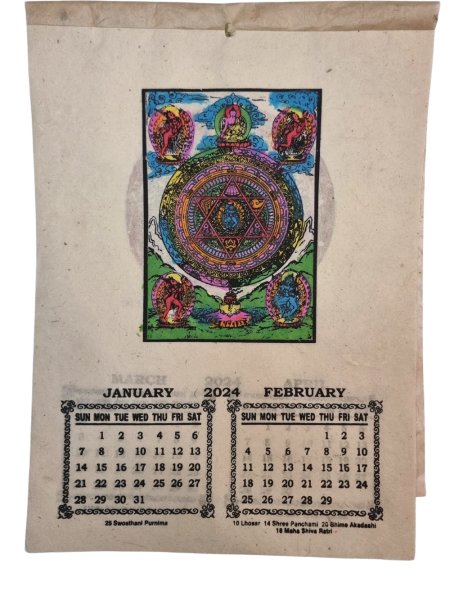 Ręcznie robiony etno kalendarz 2024. Kalendarz z mandalami wykonany z papieru czerpanego.