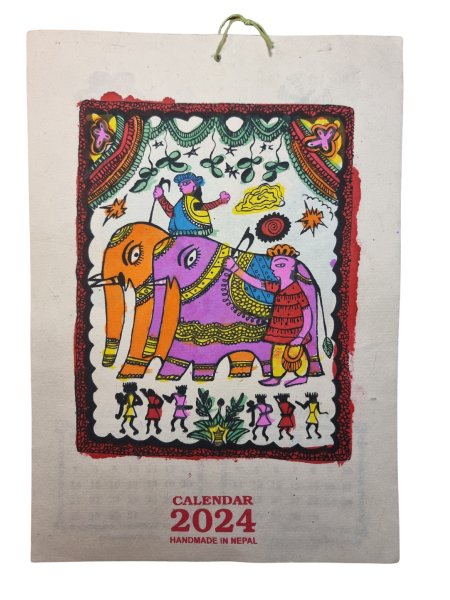 Ręcznie robiony etno kalendarz 2024. Kalendarz z motywem sztuki Mithila wykonany z papieru czerpanego.