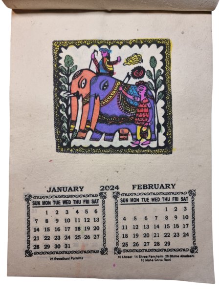 Ręcznie robiony etno kalendarz 2024. Kalendarz z motywem sztuki Mithila wykonany z papieru czerpanego lokta.