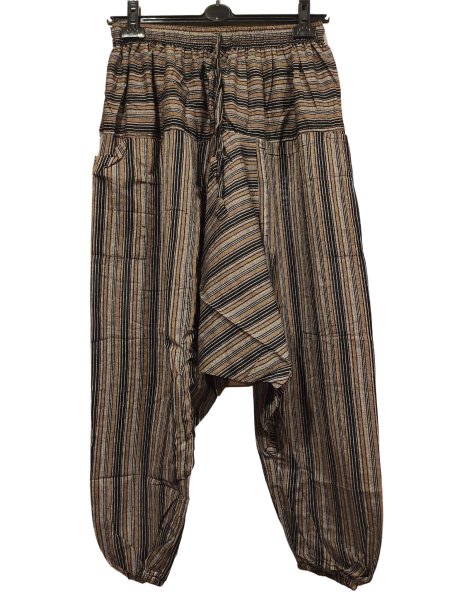 Szarawary w paski. Luźne haremki spodnie z obniżonym krokiem. Ręcznie szyte w Nepalu.