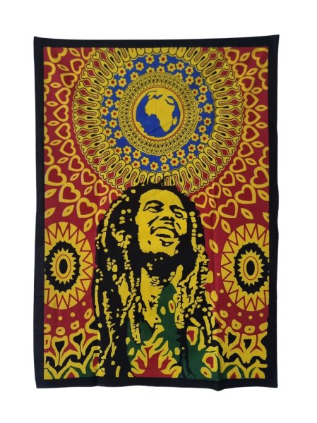 Kolorowy plakat odbijany metodą sitodruku z wizerunkiem Boba Marleya.
