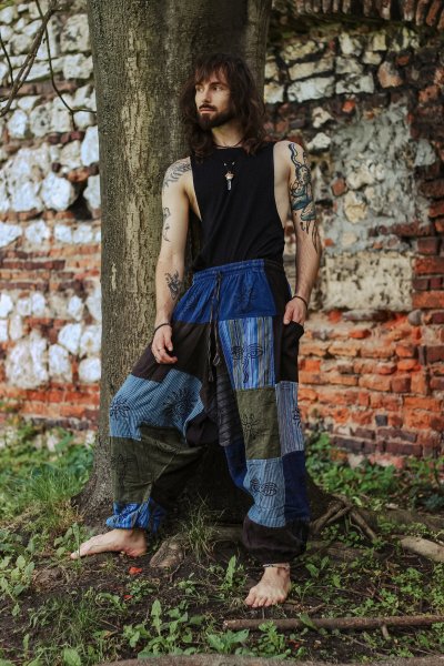 SZARAWARY Haremki Alladynki patchwork NEPAL etno hippie boho  wysokiej jakości luźne spodnie ręcznie robione w Nepalu. Wzór patchworkowy, niebieskie, 100% bawełna.